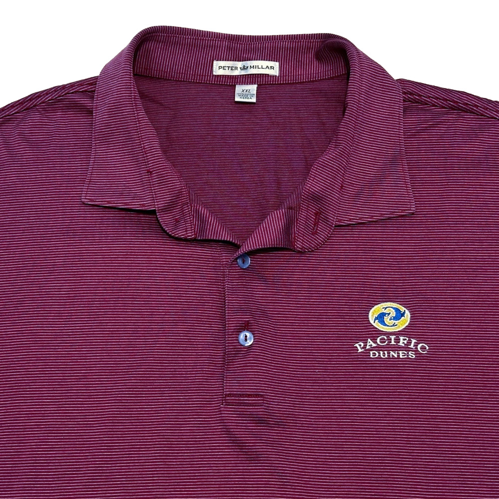 Peter Millar Golf Polo Shirt Mens XXL Striped Maroon Cotton Pacific Dunes Logo